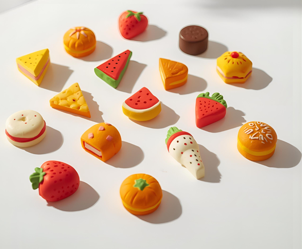 Cute food and animal-shaped erasers for school and office stationery