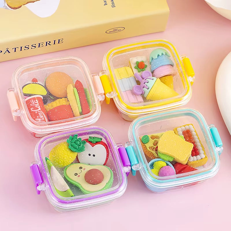 Random 1Pc Lunch Box Eraser Set Lovely Eraser Soft Pencil Eraser School Students Stationery Supplies Exquisite Prize Gifts