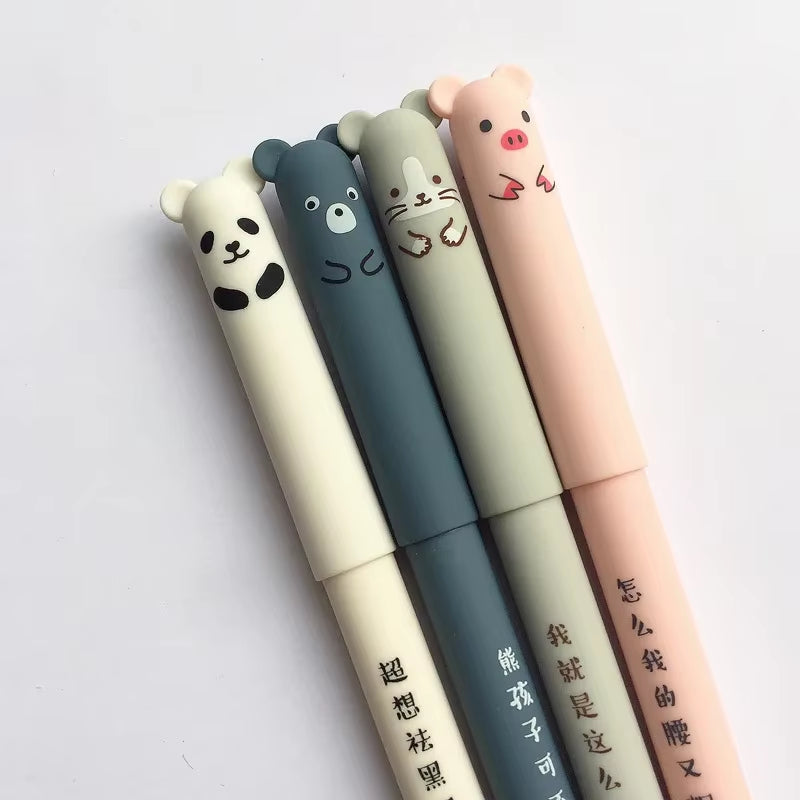 Kawaii Animal Erasable Gel Pen Set - 4 Pcs, 0.35mm Blue and Black Ink, Ideal for School and Office Supplies