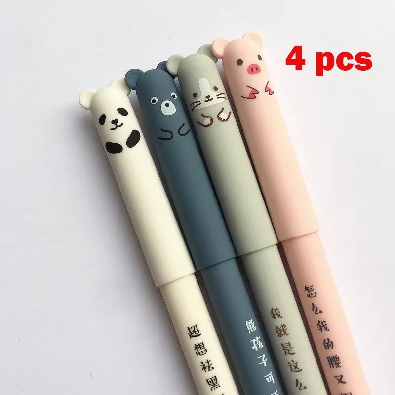 Kawaii Animal Erasable Gel Pen Set - 4 Pcs, 0.35mm Blue and Black Ink, Ideal for School and Office Supplies