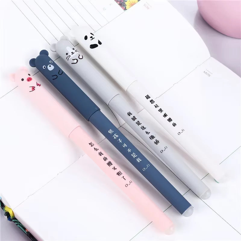 Kawaii Animal Erasable Gel Pen Set - 4 Pcs, 0.35mm Blue and Black Ink, Ideal for School and Office Supplies