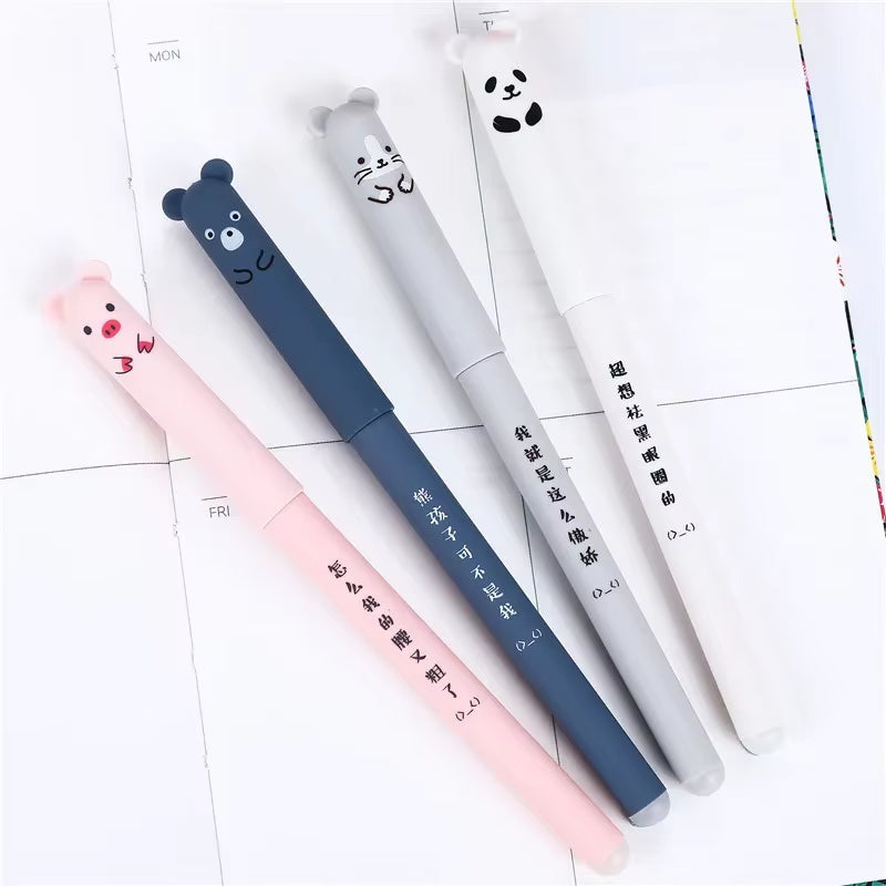 Kawaii Animal Erasable Gel Pen Set - 4 Pcs, 0.35mm Blue and Black Ink, Ideal for School and Office Supplies