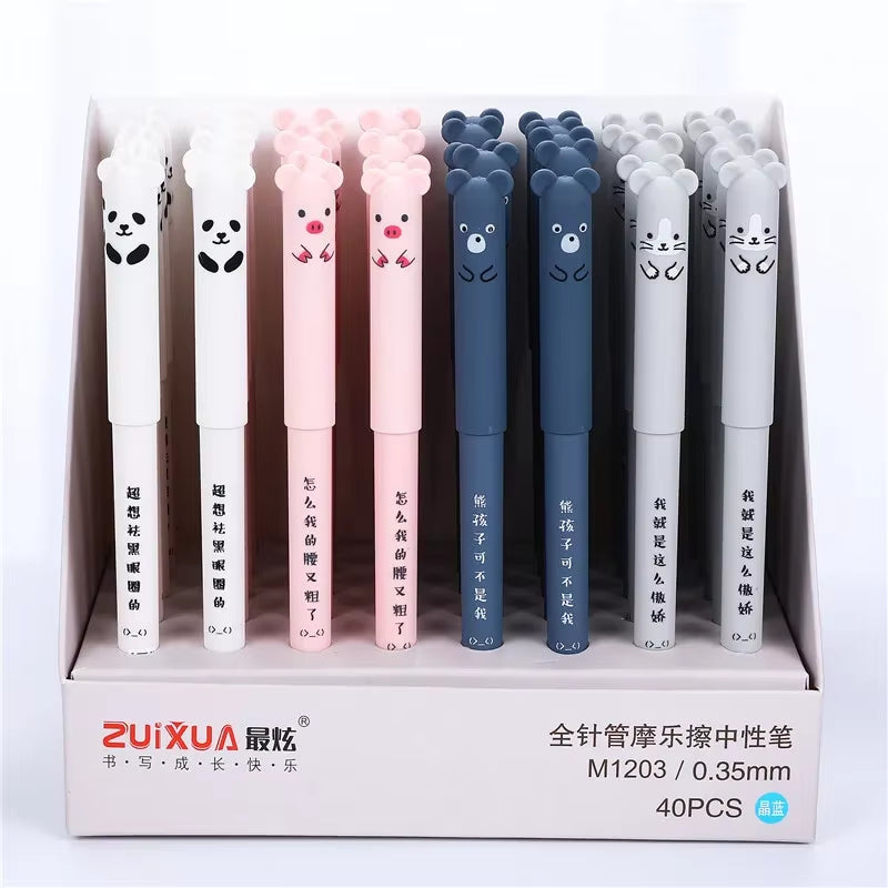 Kawaii Animal Erasable Gel Pen Set - 4 Pcs, 0.35mm Blue and Black Ink, Ideal for School and Office Supplies