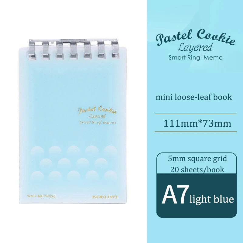 Pastel Cookie layered mini loose-leaf book with specifications on a light blue background