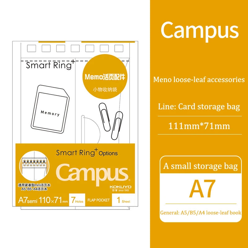 Kokuyo Campus memo loose-leaf accessories packaging with text and illustrations.