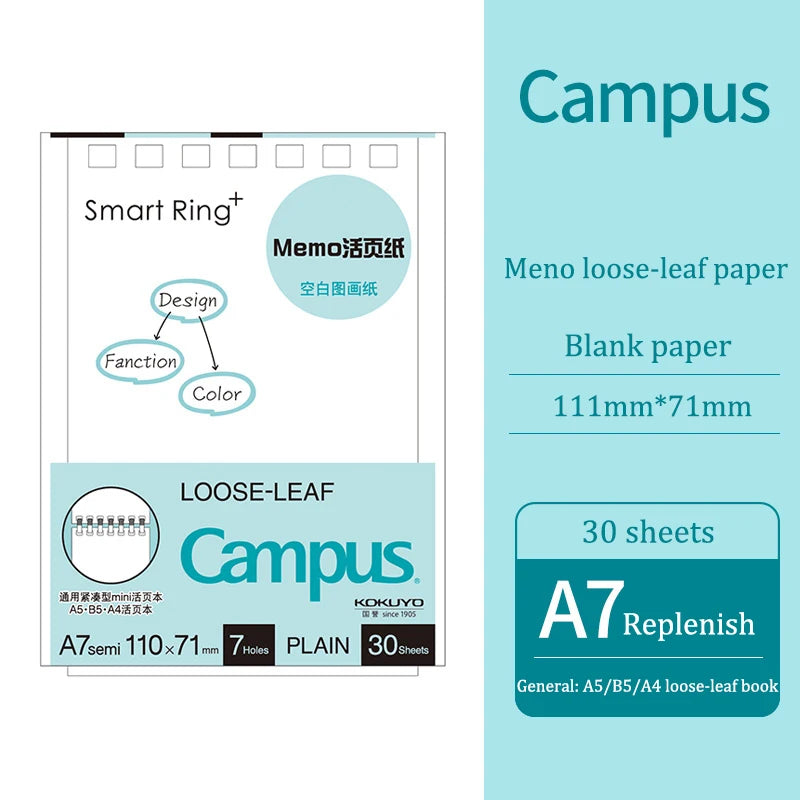Campus loose-leaf paper with specifications on a light blue background