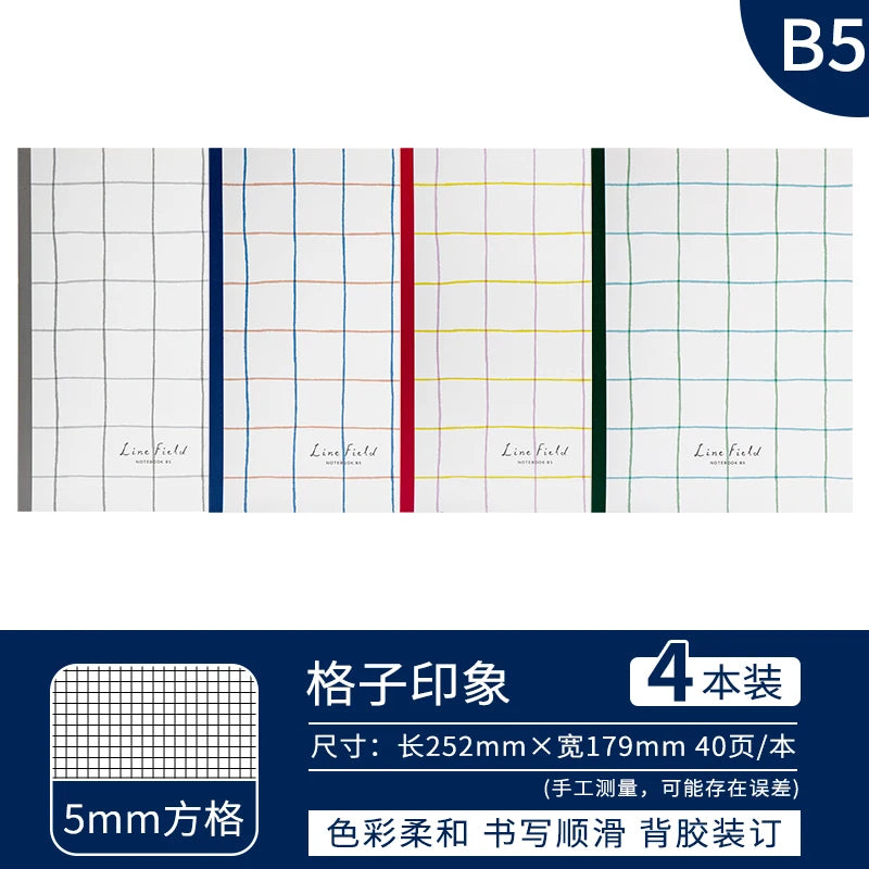 Notebook with grid patterns and colorful lines on a white background