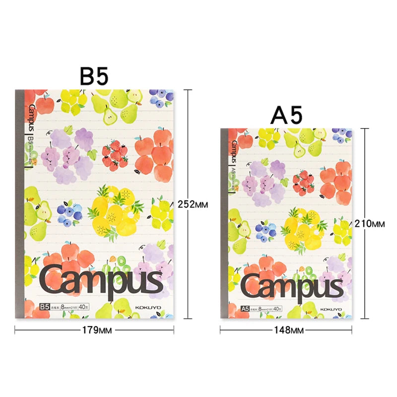 Two notebooks with floral design and 'Campus' branding, showing B5 and A5 dimensions.