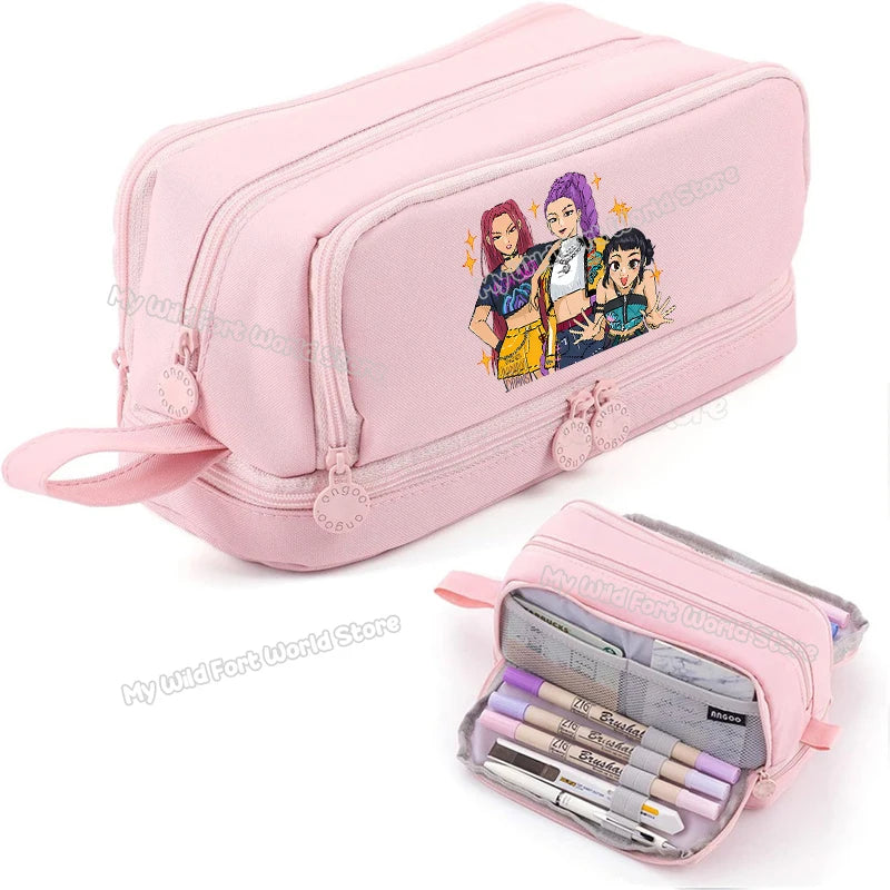 Bentopop pink pencil case with KPOP Demon Hunters character design on a white background