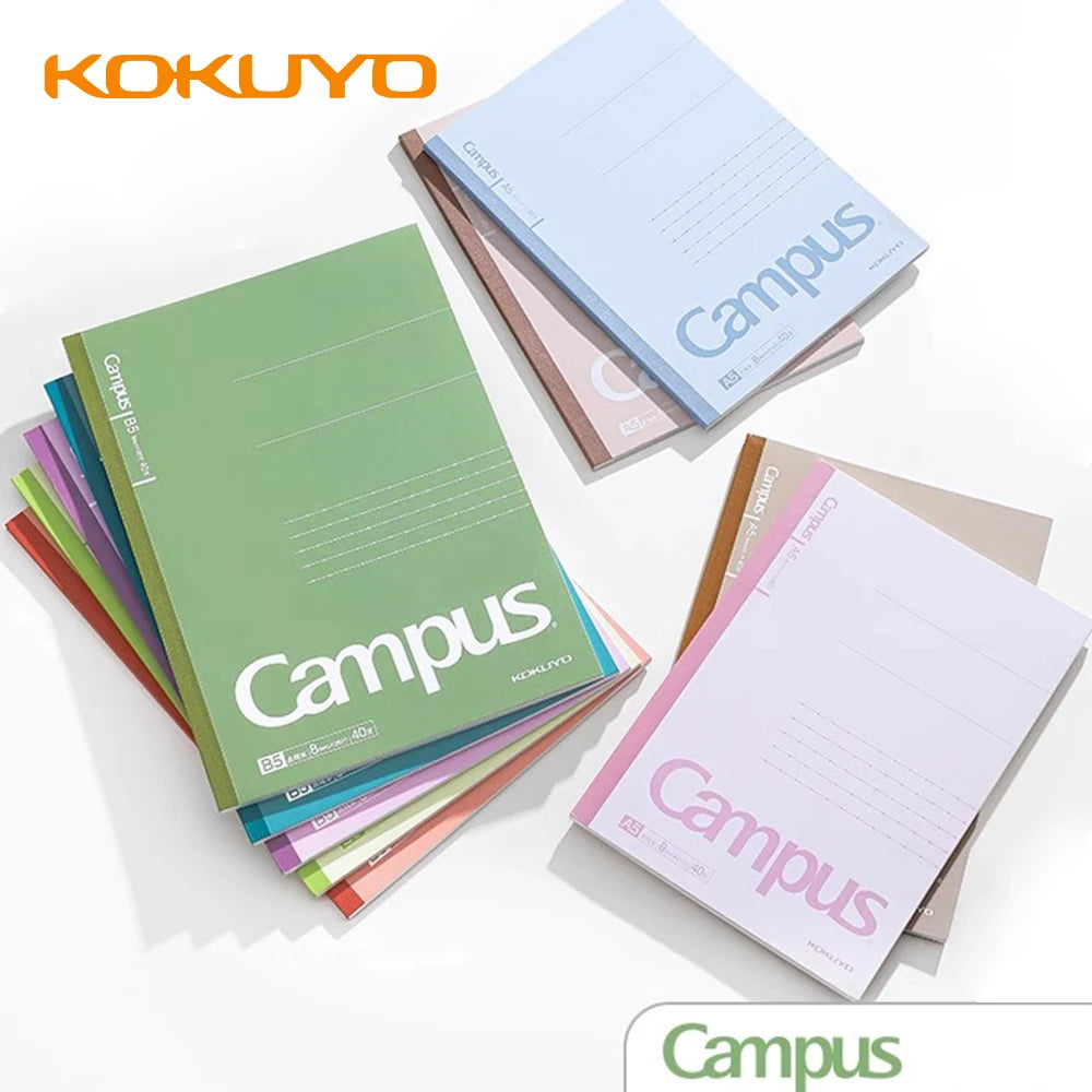 Colorful notebooks with 'Kokuyo Campus' branding on a white background