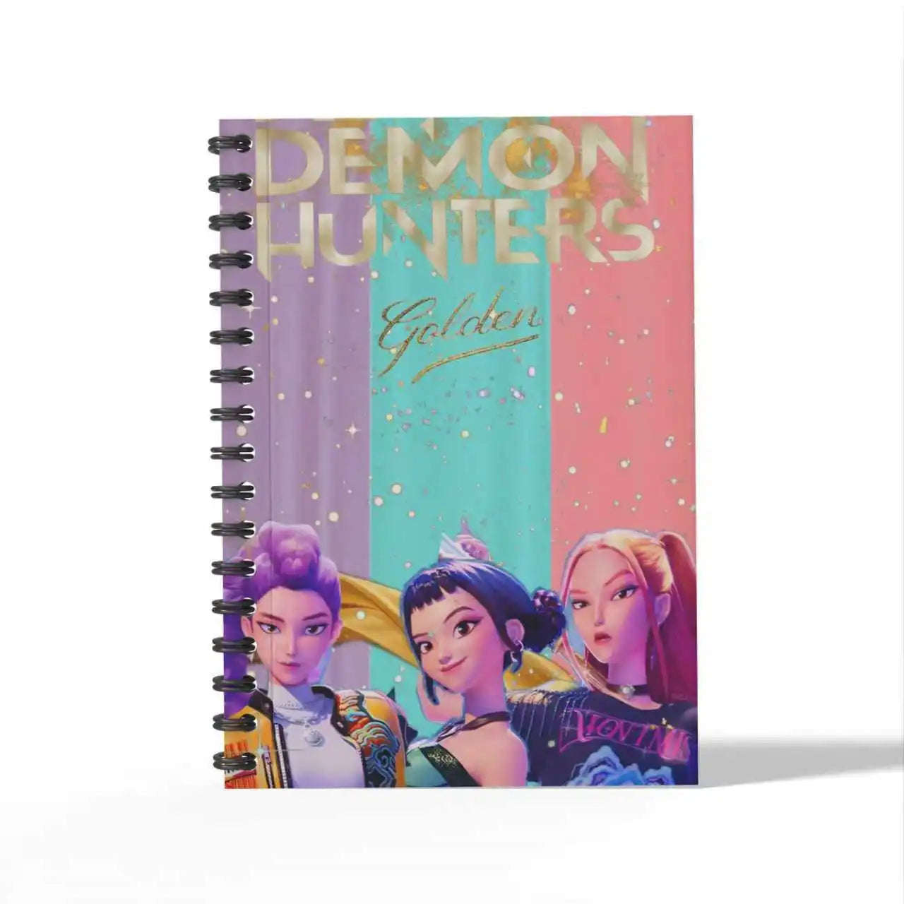 Bentopop notebook with 'Kpop Demon Hunters' cover featuring three characters on a pastel striped background