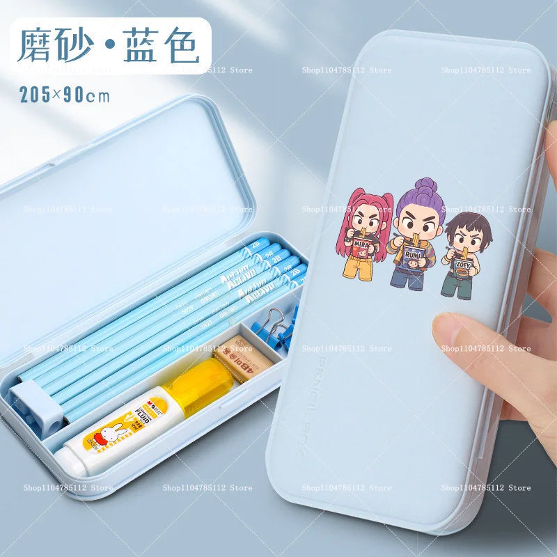 Bentopop pencil case with Kpop Demon Hunters characters on a light blue background