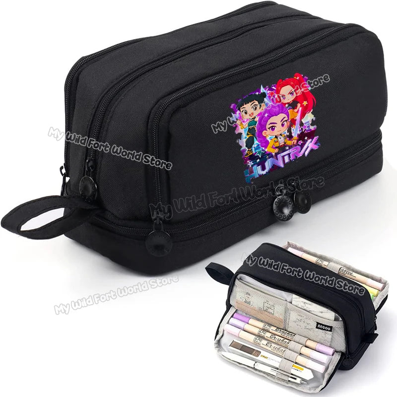 Bentopop black pencil case with KPOP Demon Hunters design and stationery items on a white background