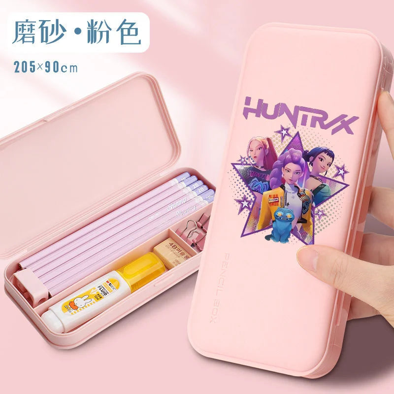 Bentopop pink pencil case with Kpop Demon Hunters characters and stationery items on a pink background