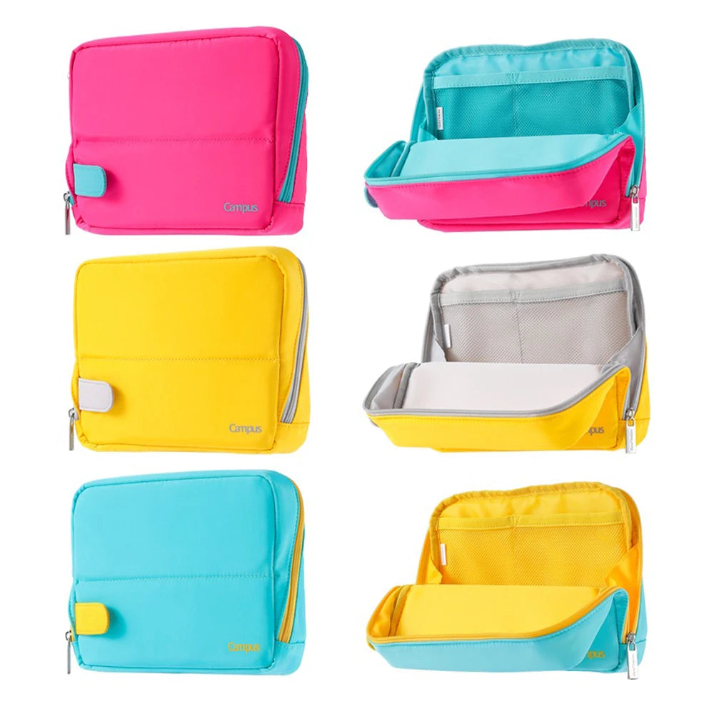 Set of colorful pouches in pink, blue, yellow, and gray on a white background