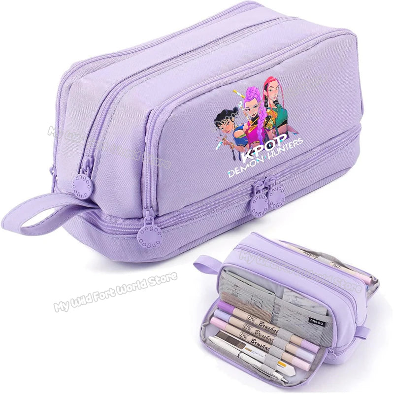 Bentopop purple pencil case with KPOP Demon Hunters characters and stationery items on a white background