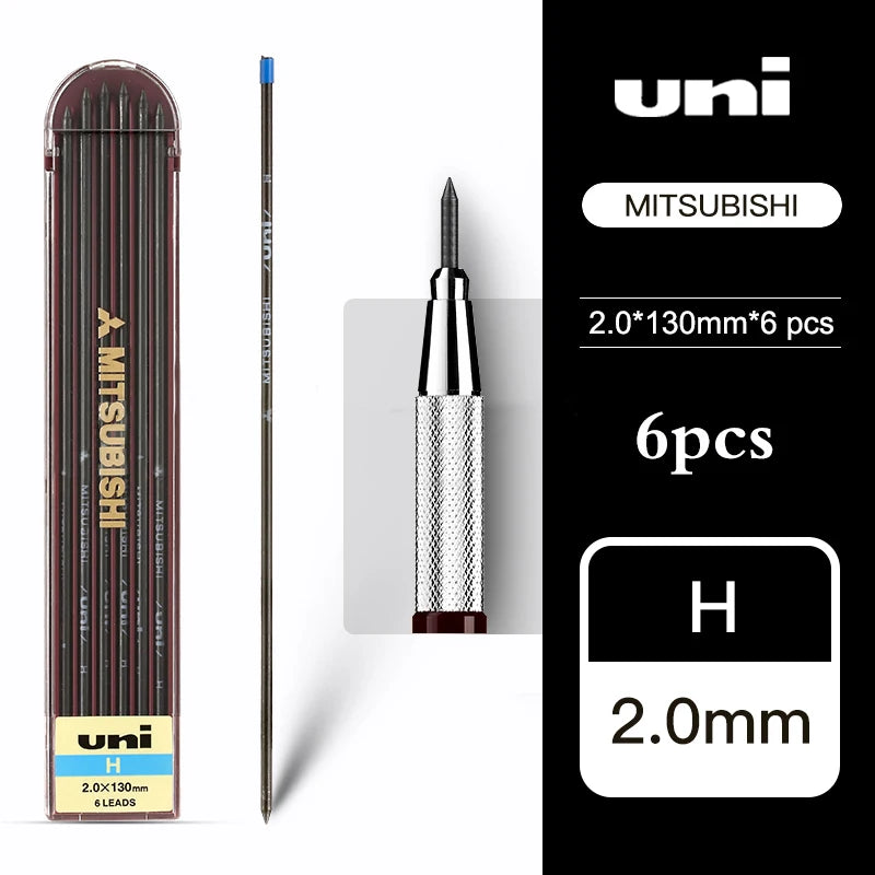 Uni Mitsubishi lead pencils with packaging and lead details on a white background