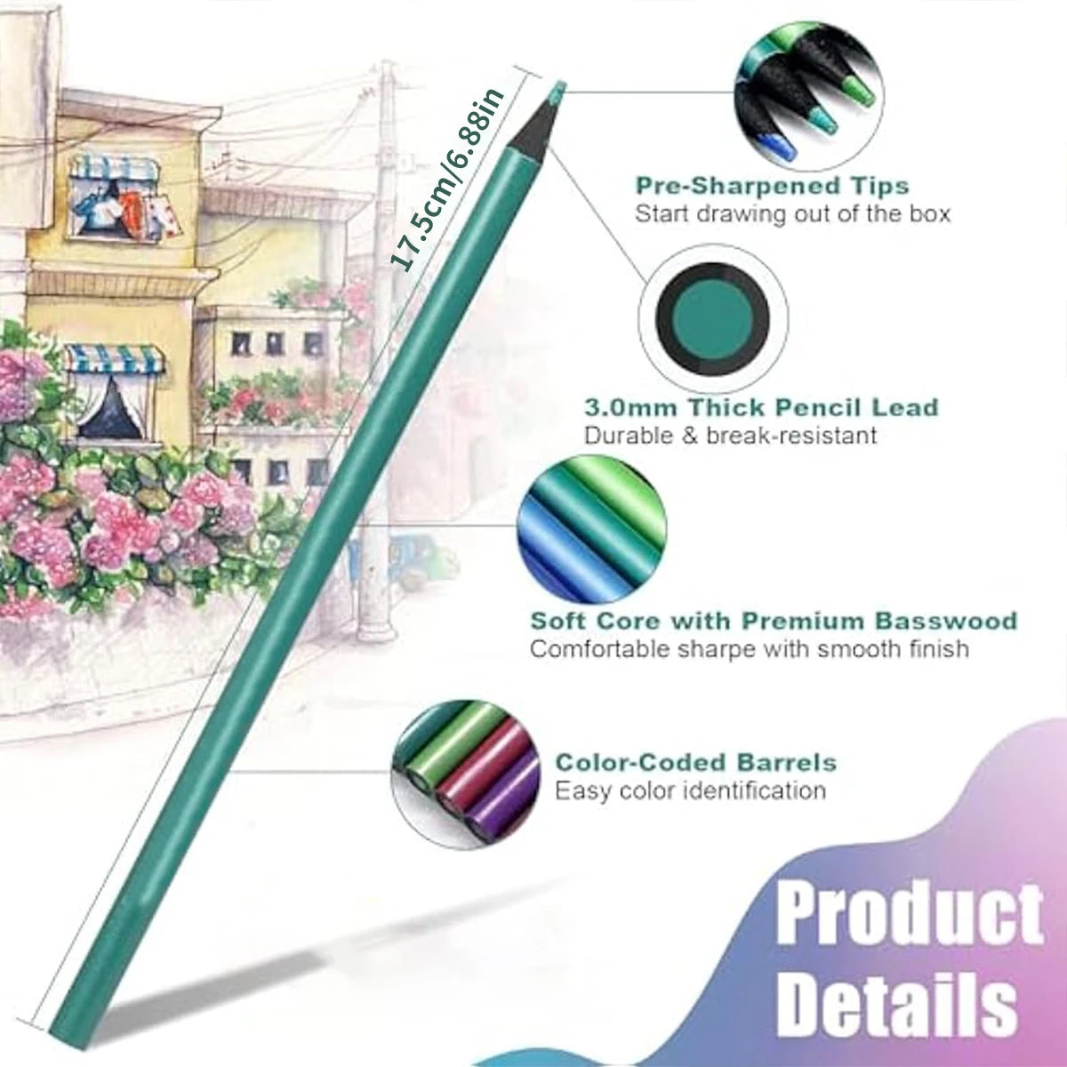 Metallic Colored Pencil 12 Colors for Drawing and Sketching