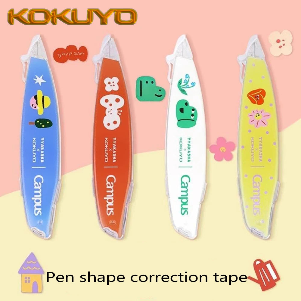 Four pen-shaped correction tapes with colorful designs on a pink and yellow background, featuring the brand 'Kokuyo'.