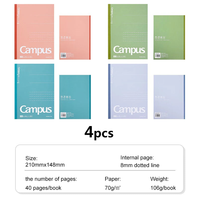 Set of four colorful notebooks labeled 'Campus' with product details on a white background.