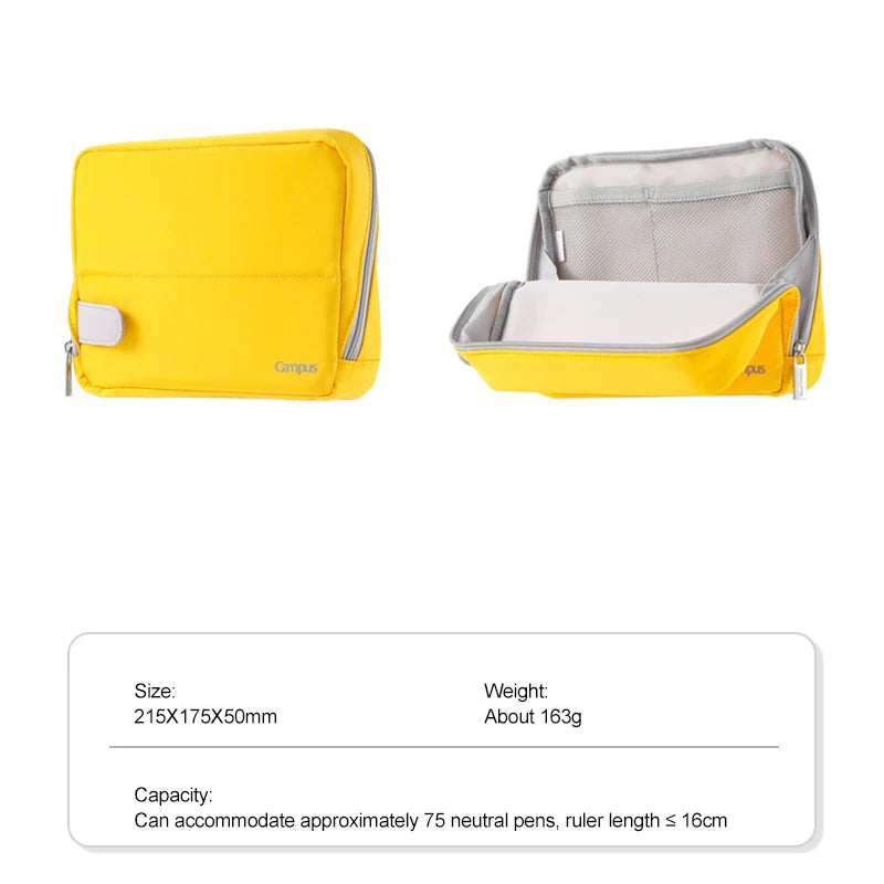 Yellow travel pouch with gray interior on a white background