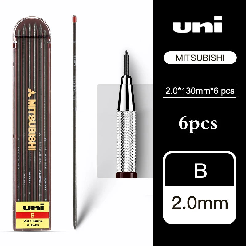 Packaging of Mitsubishi uni brand lead pencils with a close-up of a lead pencil and branding details.