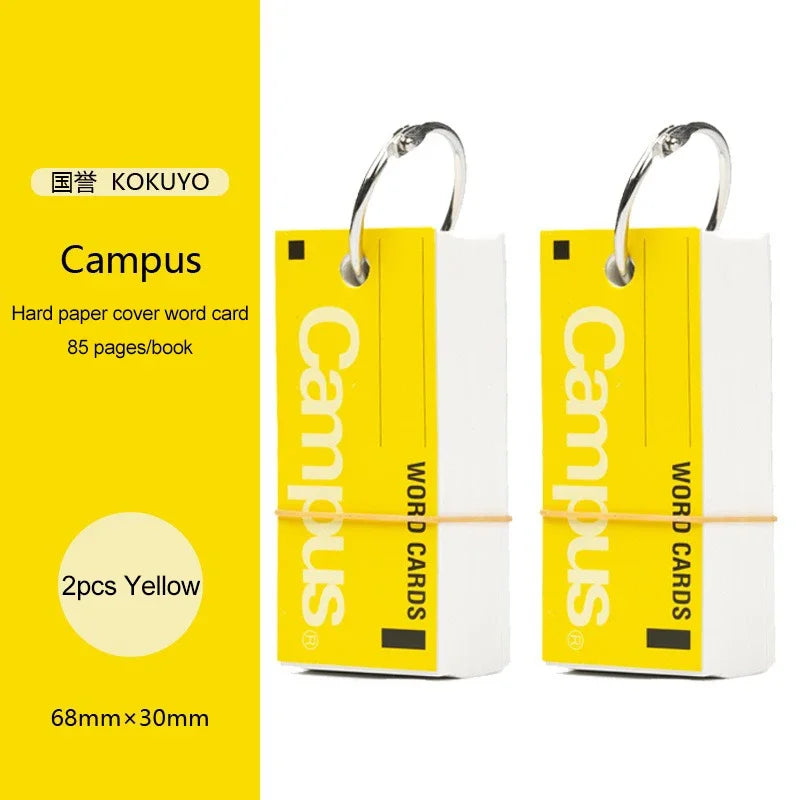 KOKUYO Campus word cards with yellow cover and white back, on a yellow background.