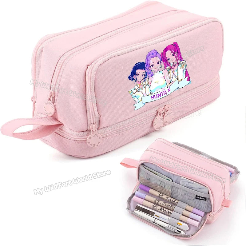 Bentopop pink pencil case with KPOP Demon Hunters characters and stationery items on a white background