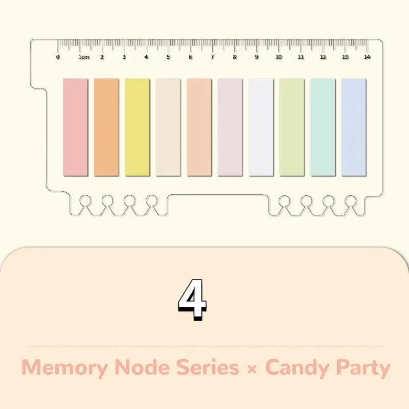 Bentopop set of pastel-colored sticky notes with a ruler at the top on a light pink background, featuring 'Memory Node Series x Candy Party' text.