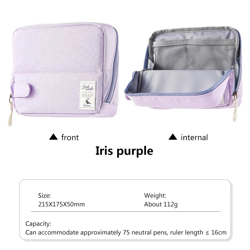 Iris purple travel organizer with front and internal views, size, weight, and capacity information.