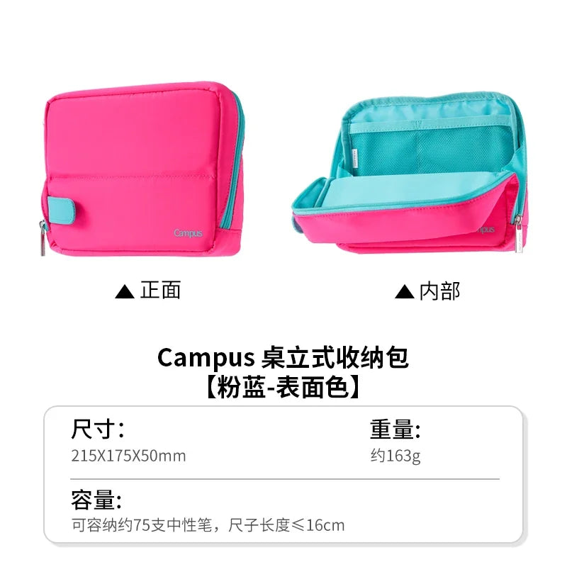 Bentopop pink and blue kokuyo campus stationery bag with open view on a white background