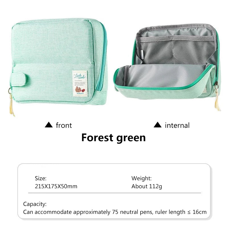 Forest green travel toiletry bag with front and internal views on a white background