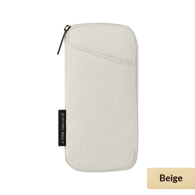 Beige fabric pouch with a zipper on a white background