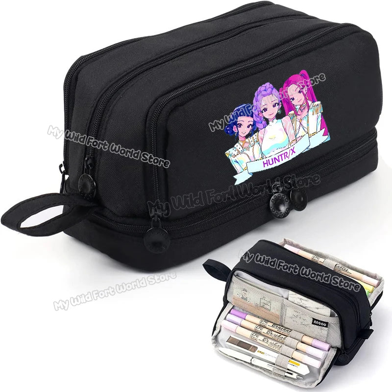 Bentopop black pencil case with KPOP Demon Hunters design and stationery items on a white background