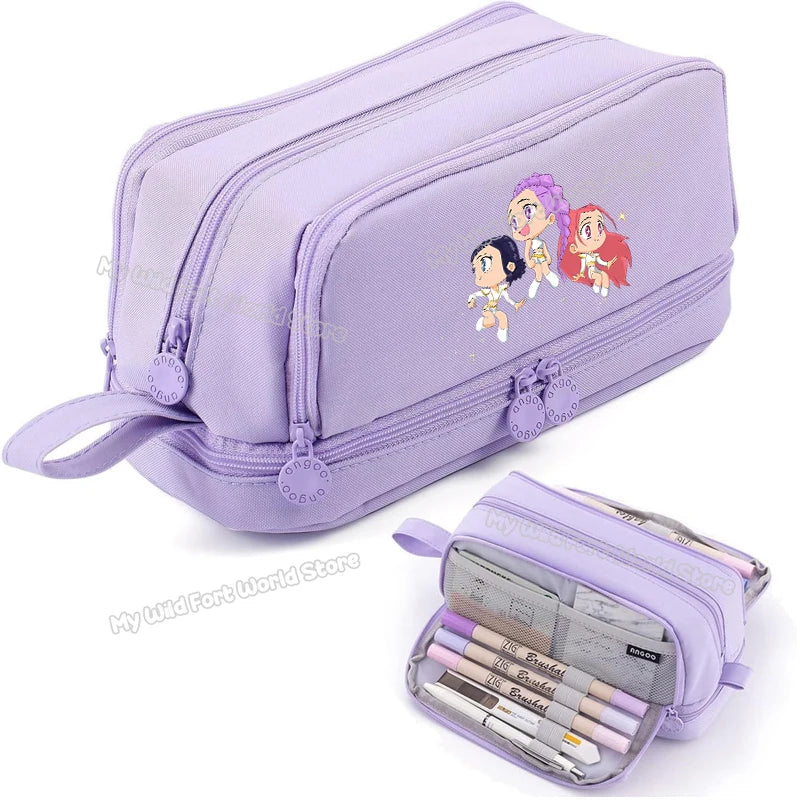Bentopop purple pencil case with KPOP Demon Hunters characters and stationery items on a white background