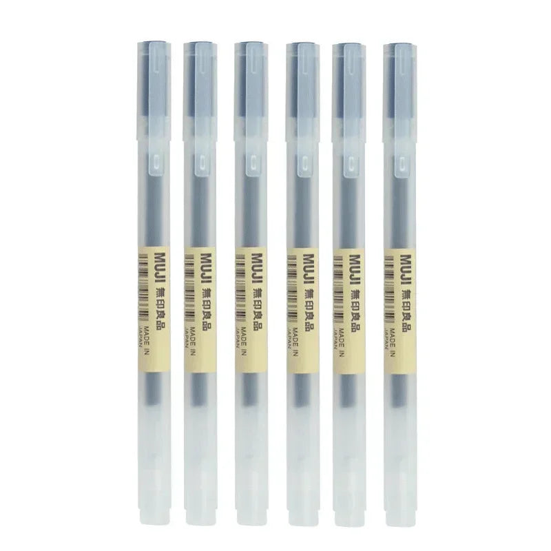 Five MUJI gel ink refills on a white background