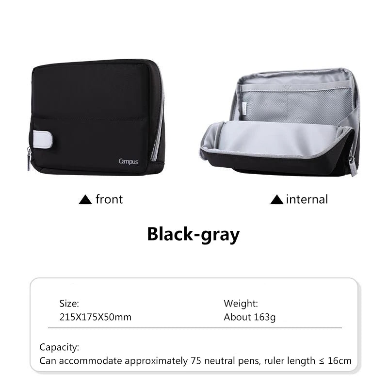 Black and gray toiletry bag with front and internal views on a white background