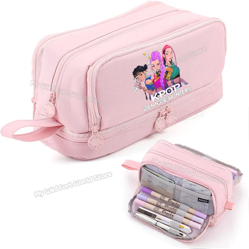 Bentopop pink pencil case with KPOP Demon Hunters character design on a white background