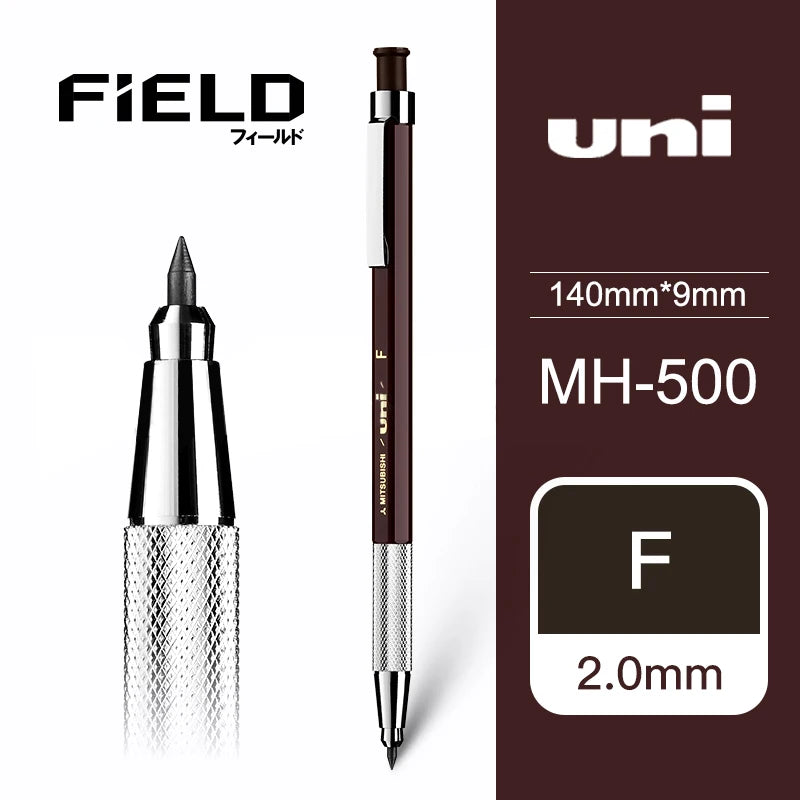 Uni pen with specifications on a white and brown background