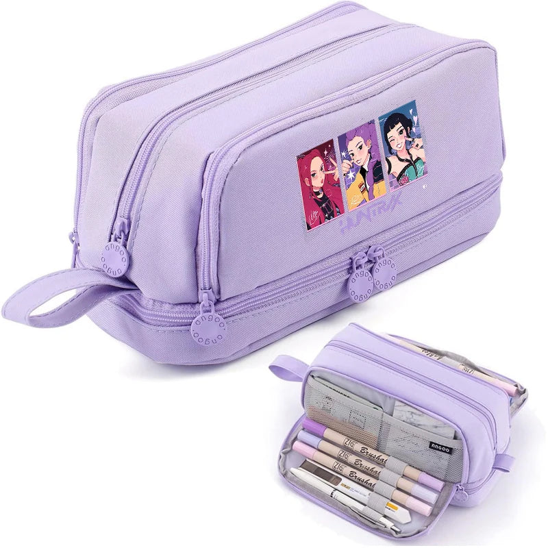 Bentopop purple pencil case with KPOP Demon Hunters characters on a white background