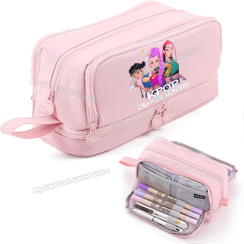 Bentopop pink pencil case with KPOP Demon Hunters design and stationery items on a white background