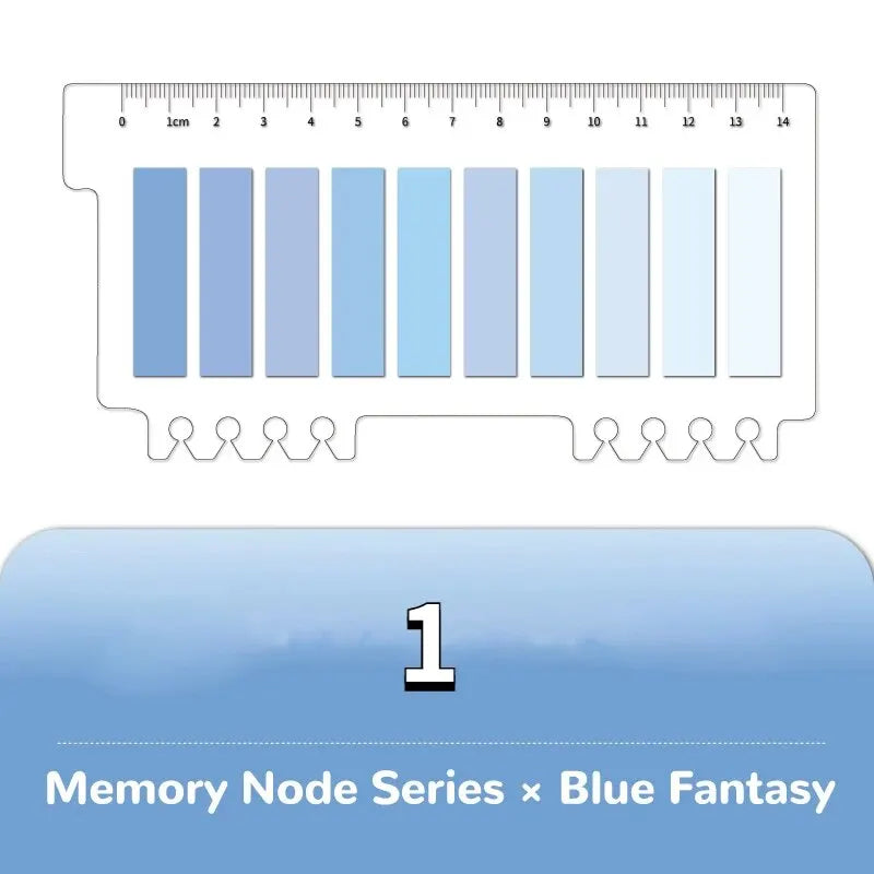 Bentopop color swatch of sticky notes with blue shades labeled 'Memory Node Series x Blue Fantasy' on a white background
