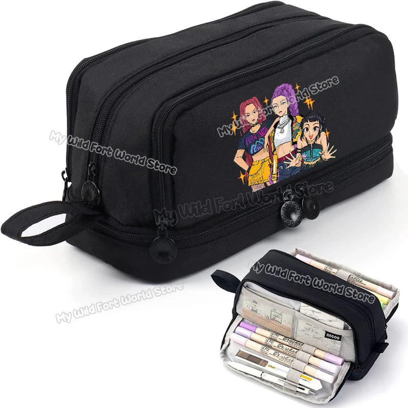 Bentopop black pencil case with KPOP Demon Hunters design and stationery items on a white background