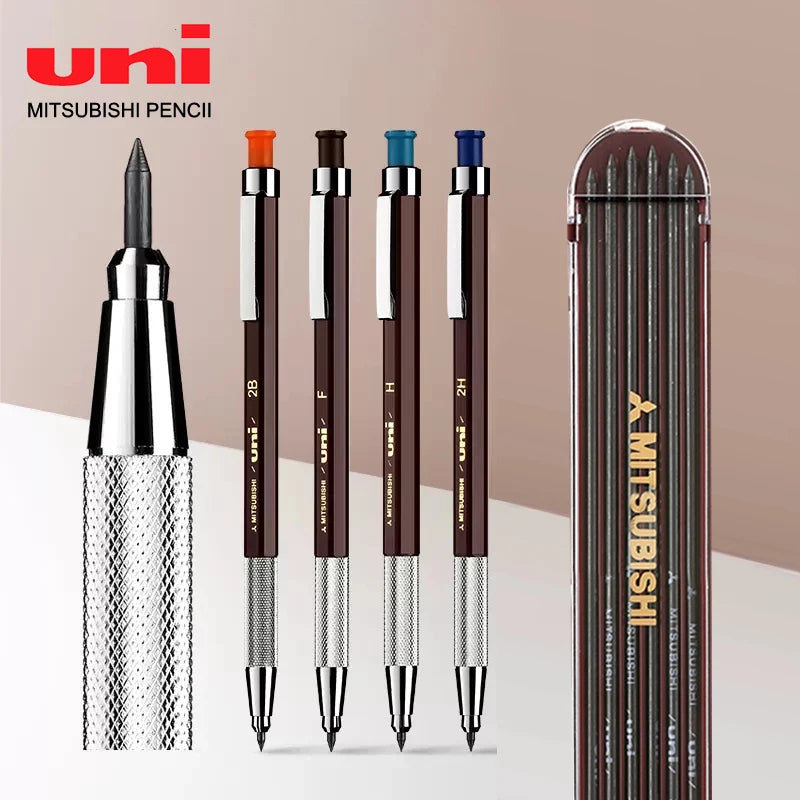 Mitsubishi Pencil pens with different nib sizes and a case on a beige background