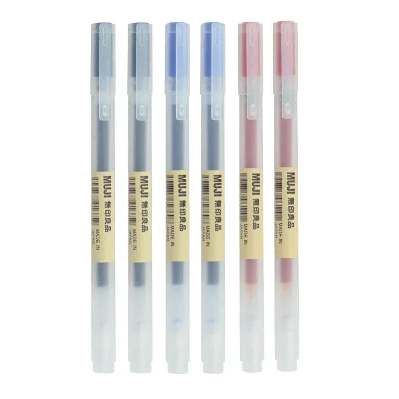 Set of five MUJI highlighters with different colored ink on a white background