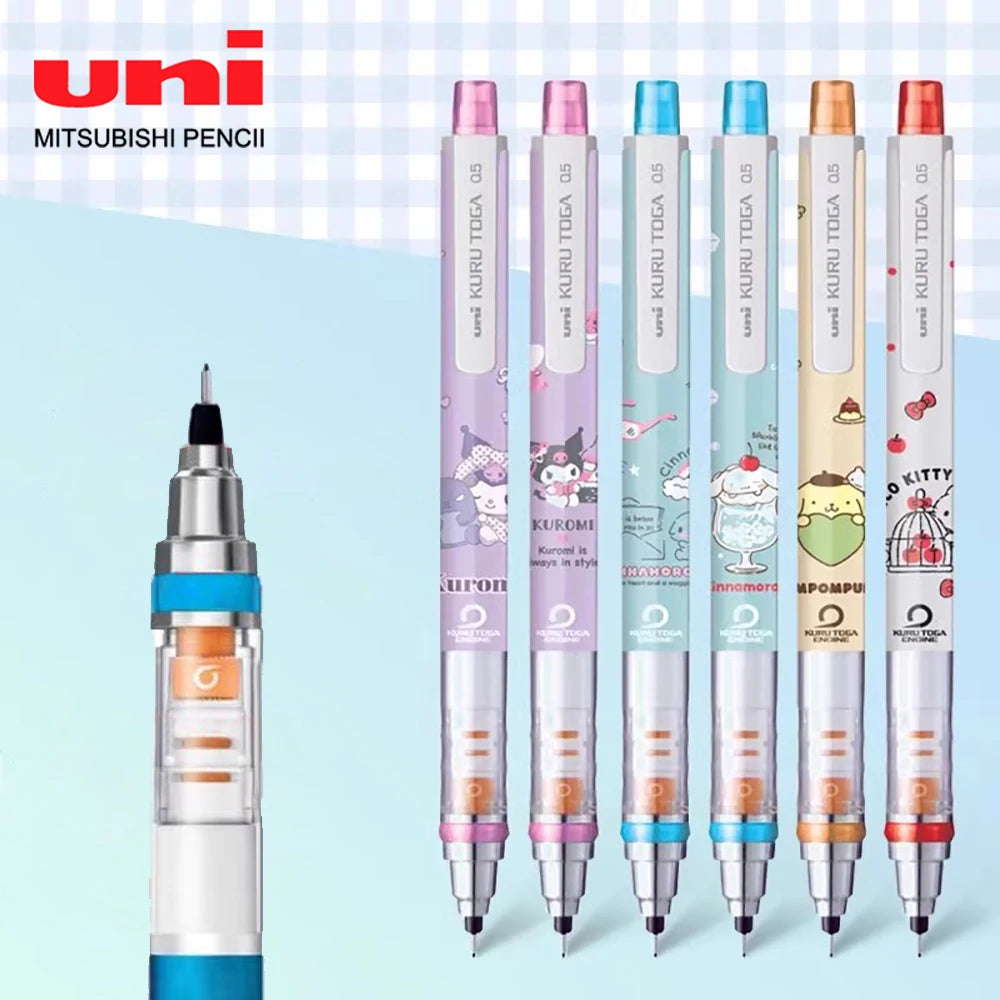 Set of Mitsubishi UNI mechanical pencil with kawaii character designs on a light blue background
