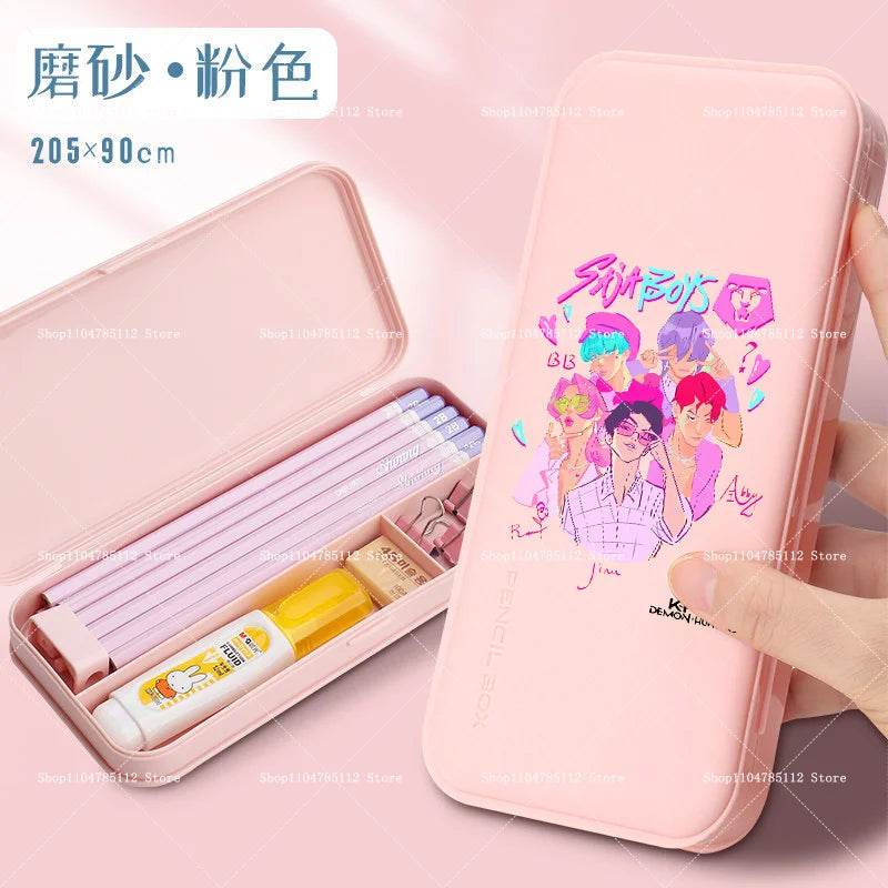 Bentopop pink pencil case with Kpop Demon Hunters colorful illustration on a pink background