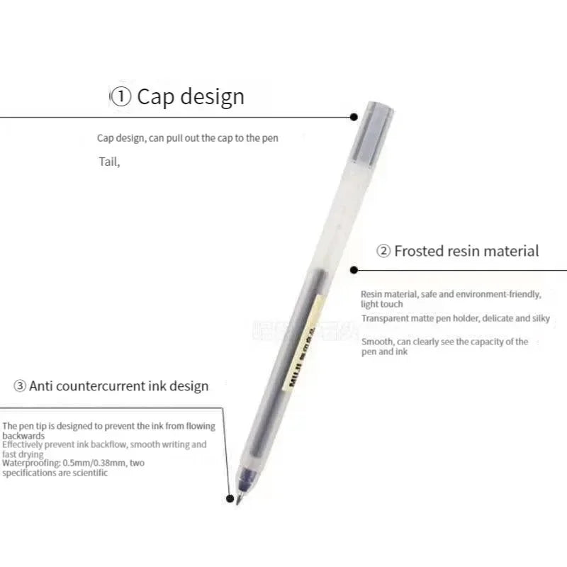 Pen with text describing features on a white background