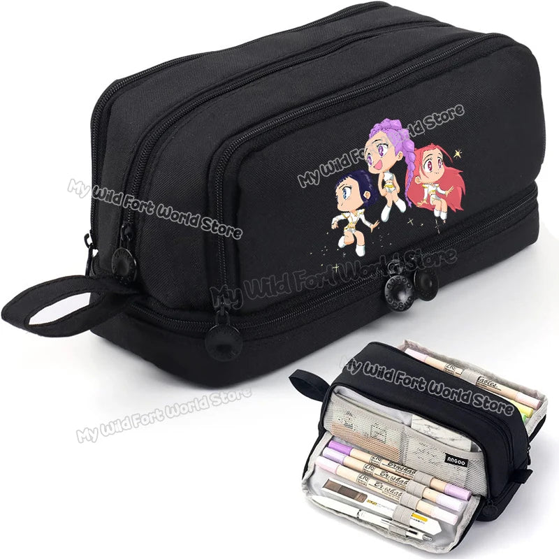 Bentopop black pencil case with KPOP Demon Hunters characters  and stationery items on a white background