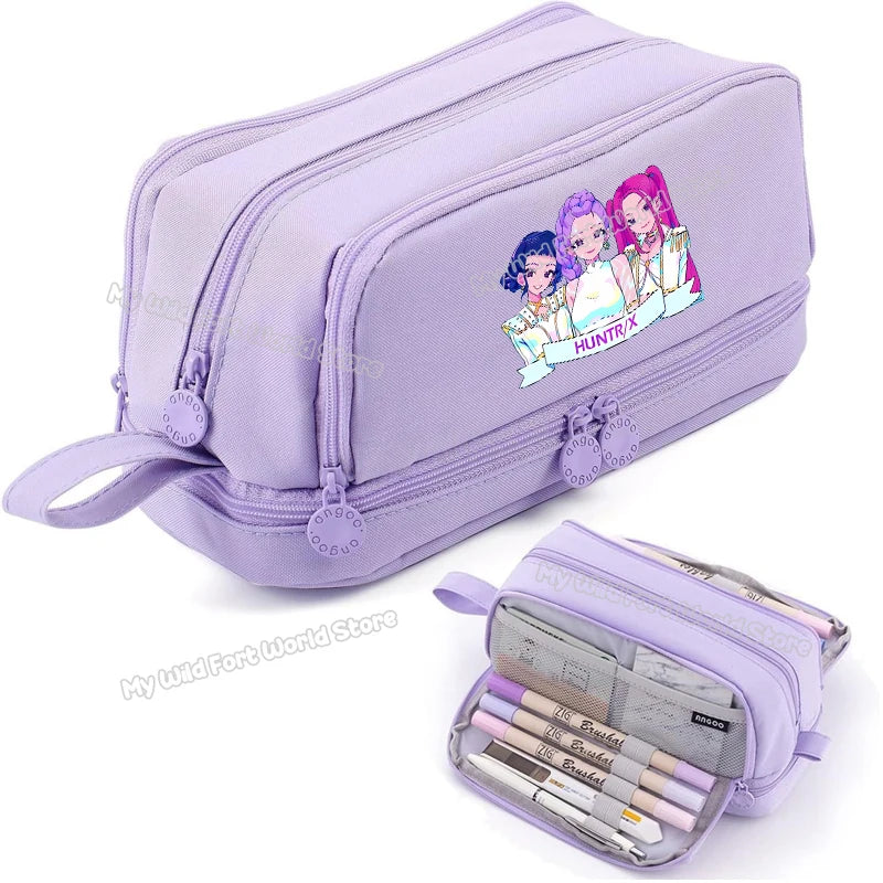 Bentopop purple pencil case with KPOP Demon Hunters characters and stationery items on a white background